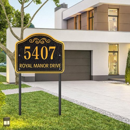 Personalized Address Sign LAWN MOUNTED - Custom House Number Sign Plaque,Address Plaque,House Address Numbers for Outside House Lawn,Yard,Ground,Garden,Bell Style with 2 Stakes