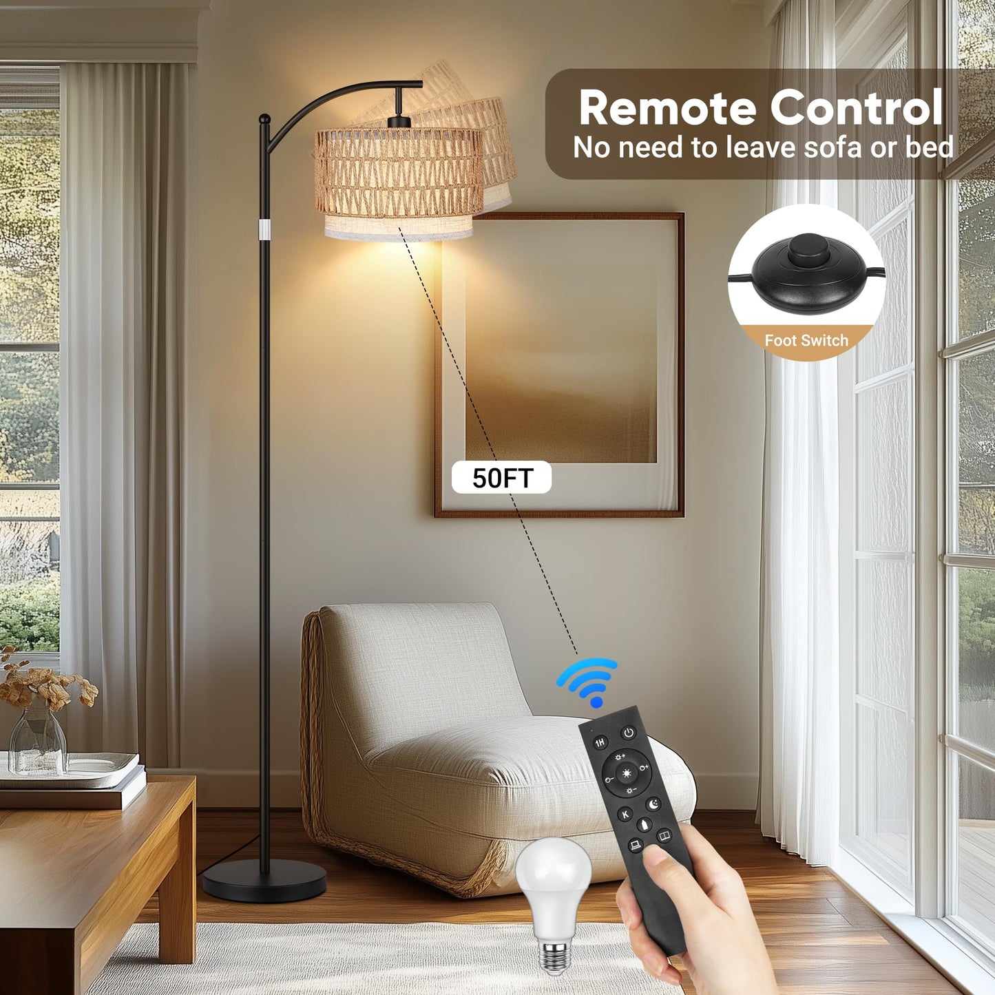 ROTTOGOON Rattan Floor Lamps for Living Room, Boho Standing Lamps with Rattan& Linen Double Shades, Arc Lamps Floor Standing with 9W Bulb, Foot Switch, Bohemian Floor Lamps for Bedroom, Office-Drum