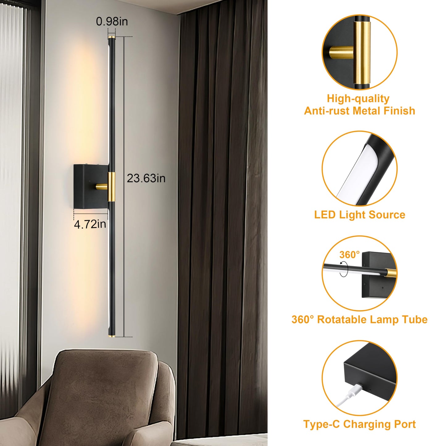 Morauroral Battery Operated Wall Sconces Set of 2, Dimmable Battery Wall Sconce with Remote Control, Black Gold LED Rechargeable Sconces, 24 Inch Modern Wireless Wall Lights for Bedroom, Living Room