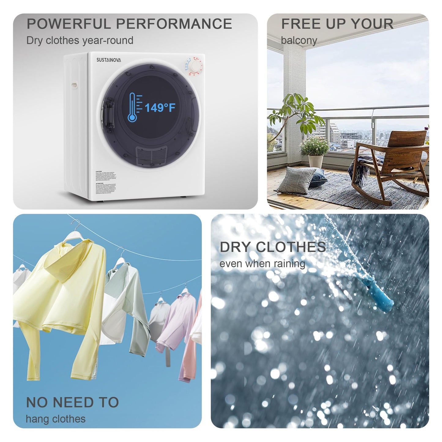 Elevon 800W Portable Clothes Dryer, 2.6 cu.ft Electric Drying Machine for Laundry with Stainless Steel Tub for Apartment, Rvs, Dorms, Compact Dryer for Small Space, White