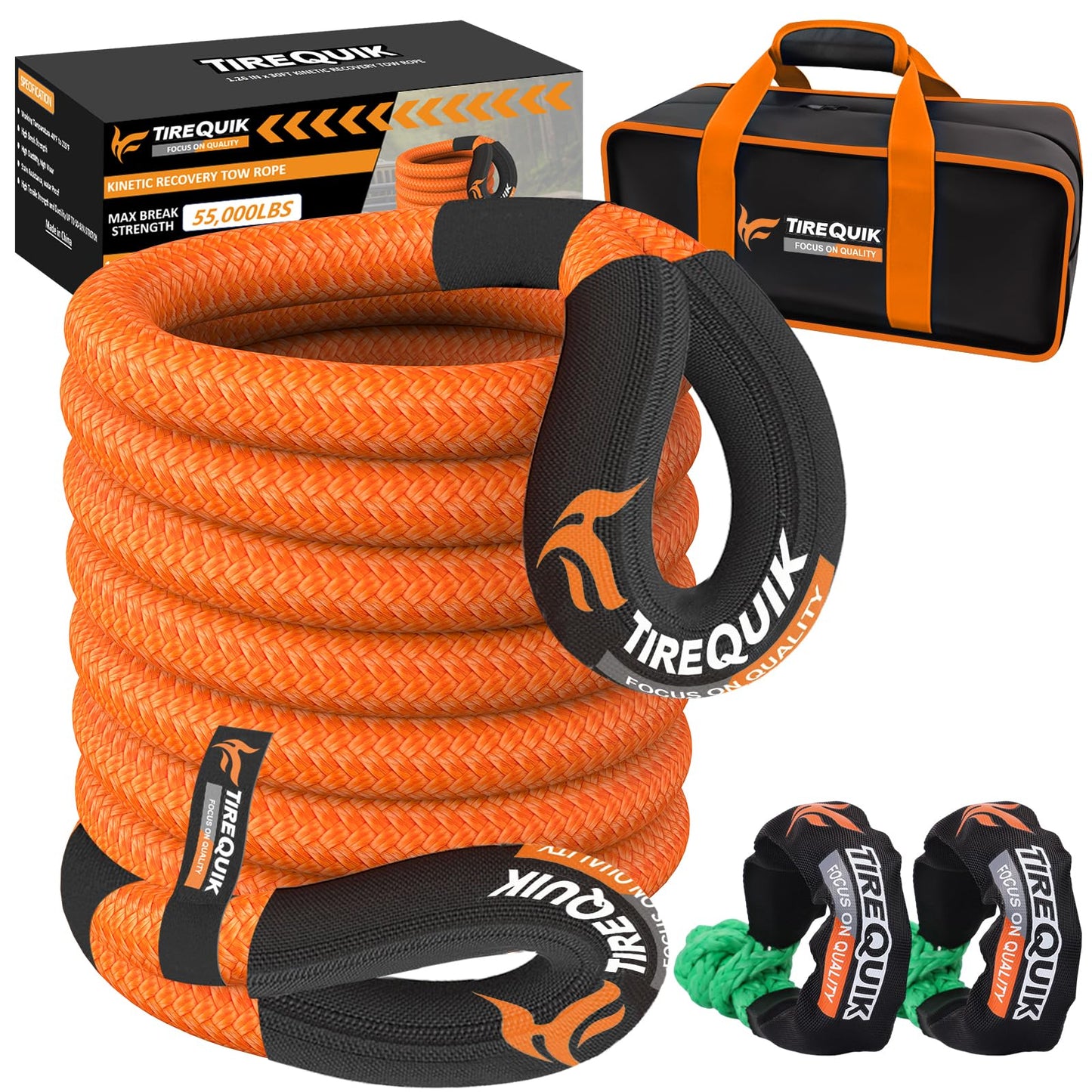 TireQuik Kinetic Recovery Rope 1.26" x 30ft 55000lbs Heavy Duty Offroad Snatch Strap with 2 Soft Shackles, Kinetic Tow Rope Recovery Kit, 35% Elasticity Tow Ropes for Trucks SUV UTV ATV Tractor