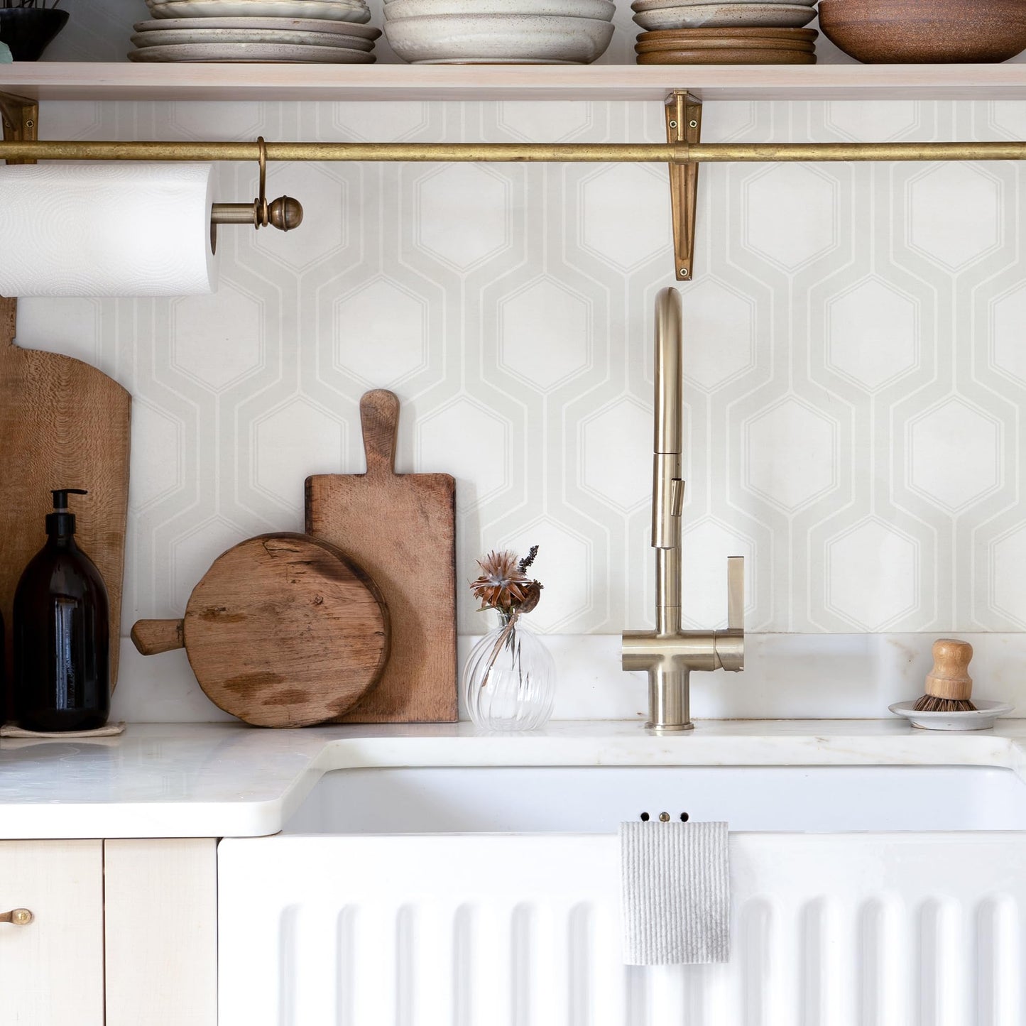 Tomete Modern Peel and Stick Wallpaper, Geometric Boho Wall Paper, Light Gray White Contact Paper for Cabinets Drawers, Kitchen, Bathroom, Removable Wall Covering for Living Room, Waterproof, Vinyl