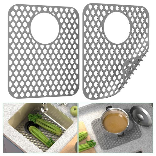 TOOVEM Kitchen Sink Mats, 2PCS Non-Slip Heat Resistant Silicone Sink Protector Mat, Folding Farmhouse Rear Drain Sink Mats, Side Drain, Grey