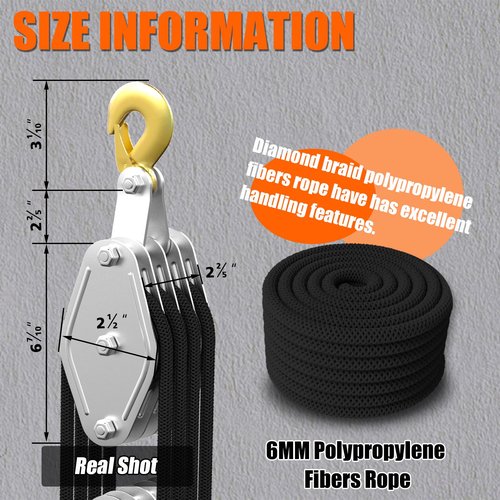 YATOINTO Rope Hoist Pulley System, 4400LB Pulley Block and Tackle, 8:1 Ratio Lifting Power 65ft, Heavy Duty Pulley Block for Hunting Lifting Heavy Objects Garage Warehouses Building
