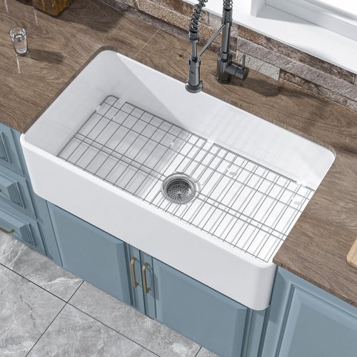 HOMLYLINK White Farmhouse Sink 33 x 18 Inch, Firecaly Apron Front Farm Sink, Heavy Duty, Large Capacity Single Bowl, with Accessories 2 Types, Undermount, Pure White, for Kitchen