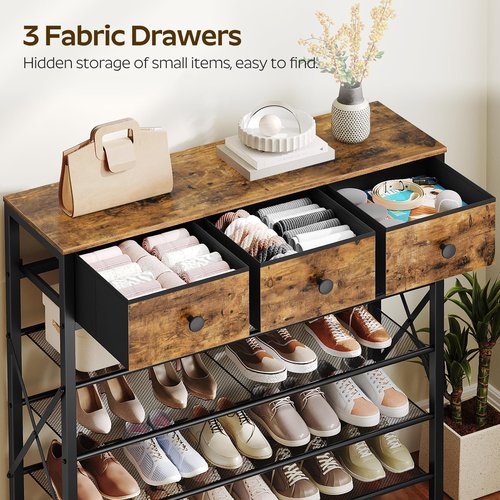 YATINEY 5-Tier Shoe Rack with 3 Drawers, Metal Shoe Organizer for 20 Pairs with Storage Shelves and Wooden Top, for Entryway, Hallway, Foyer, Closet, Rustic Brown and Black SS35BR