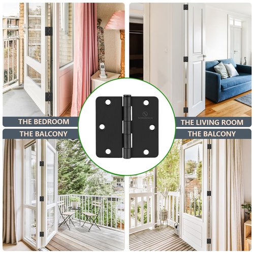 SORGMACH Door Hinges 3 1/2 Inch Matte Black 3.5 Inch Interior Hinges 1/4" Radius Iron Hinge 3 ½"x 3 ½" Door Hardware - 18 Pack