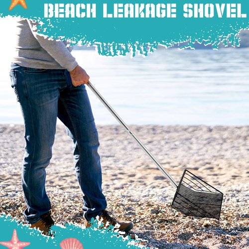 Lasnten 4 Pcs Stainless Steel Sand Sifter Wide Sand Flea Rake Set Detachable Long Handle 54 Inch Shell Scooper for Beach Basket Sifter with Beach Shovel Mesh Bag for Picking Shell Collecting Fleas