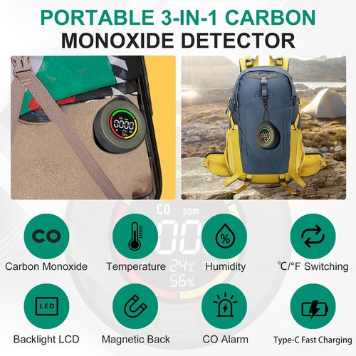 Lunarlipes Portable Carbon Monoxide Detectors for Travel, Mini 3-in-1 Carbon Monoxide Monitor with Magnetic Suction, RV CO Detector Alarm Temp/Humidity Sensor, Rechargeable CO Monitor 120HR Standby