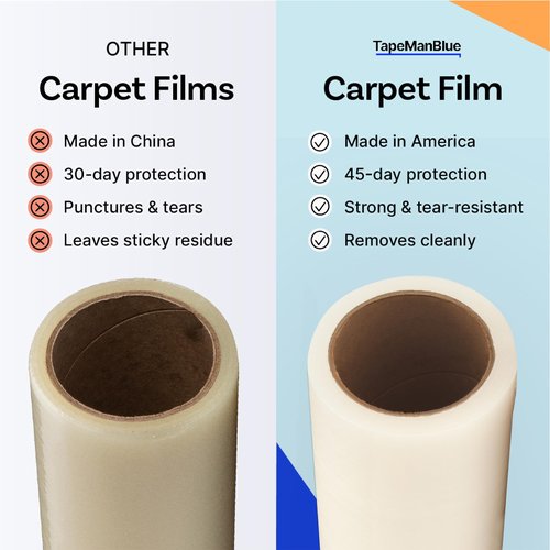 TapeManBlue Carpet Protection Film 24" x 200' roll. Made in The USA. Easy Unwind, Clean Removal, Strong and Durable Plastic Carpet Protector. Clear, Self-Adhesive Surface Protective Film