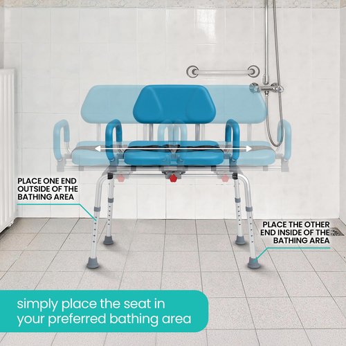 Sliding Shower Chair – Safe Rotating Tub Transfer Bench for Seniors & Disabled, Padded Swivel Seat with Handles, Compact Adjustable Bath Bench, Fits Most Bathtubs