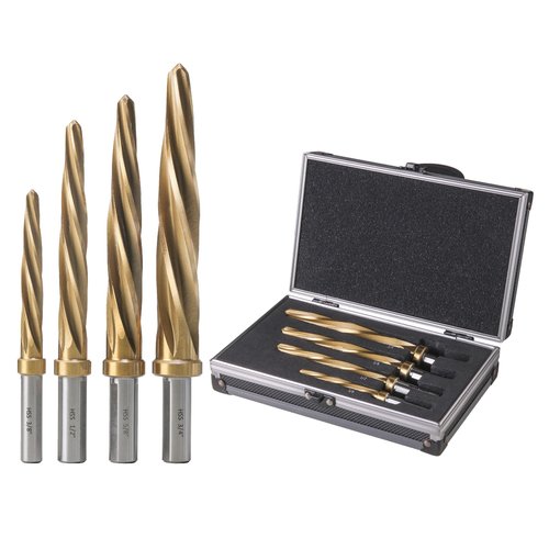Jerax tools 4pcs Bridge/Construction Reamer Set, 3/8", 1/2", 5/8", 3/4”, M2 HSS Taper Chucking Reamer Drill Bit for Steel Alloy Aluminum Metal Wood Plastic, 3/8" or 1/2" Shank, to Enlarge/Align Holes