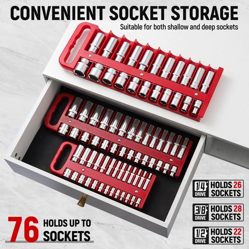 Reniteco Magnetic Socket Organizer Set, 3-Piece Red Portable Magnetic Socket Holder Tray, Heavy Duty Socket Racks For 1/2-inch& 3/8-inch& 1/4-inch Drive, Hold 76 Sockets - Fit Shallow&Deep Sockets