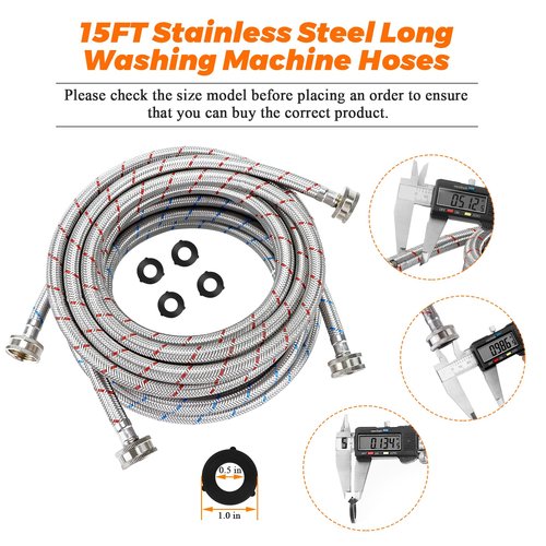 15ft LONG Washing Machine Hoses UPGRADE by Blutoget- Braided Stainless Steel Washer Hoses - Hot and Cold Water Lines 3/4'' Standard Interface -Burst Proof Leak Free Hose (2 Pack) - 10 YEARS GUARANTEE