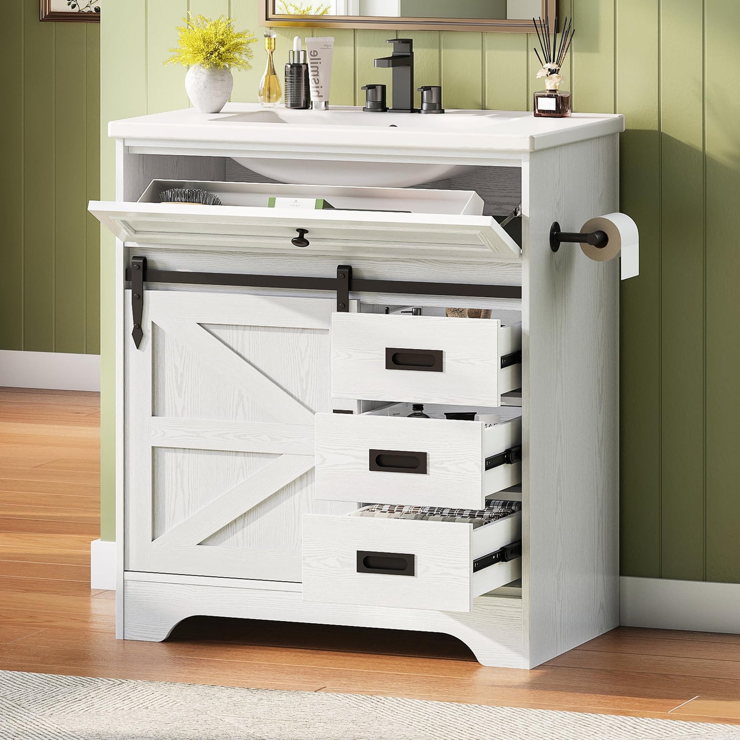 IRONCK 30" Bathroom Vanity with Sink, Farmhouse Bathroom Sink Cabinet with Flip Drawer & Sliding Barn Door, Freestanding Bathroom Vanities with Metal Handles, Paper Towel Holder,White