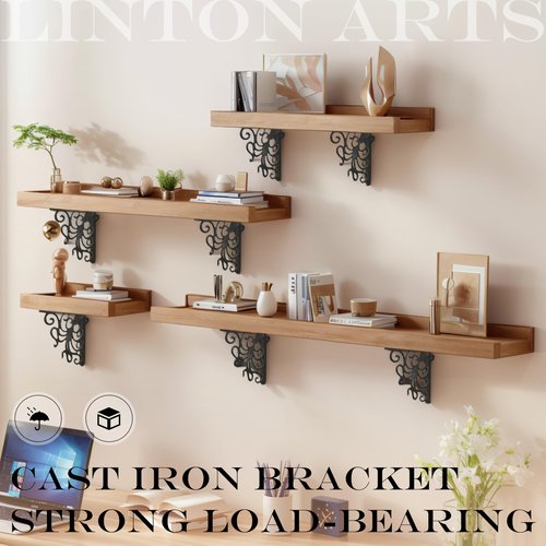 Linton Arts Octopus Cast Iron Shelf Brackets – 7.04"x7.04" Decorative Metal Corner Brackets for Wall Mounted Shelves – Nautical Themed Support with Screws, Set of 2