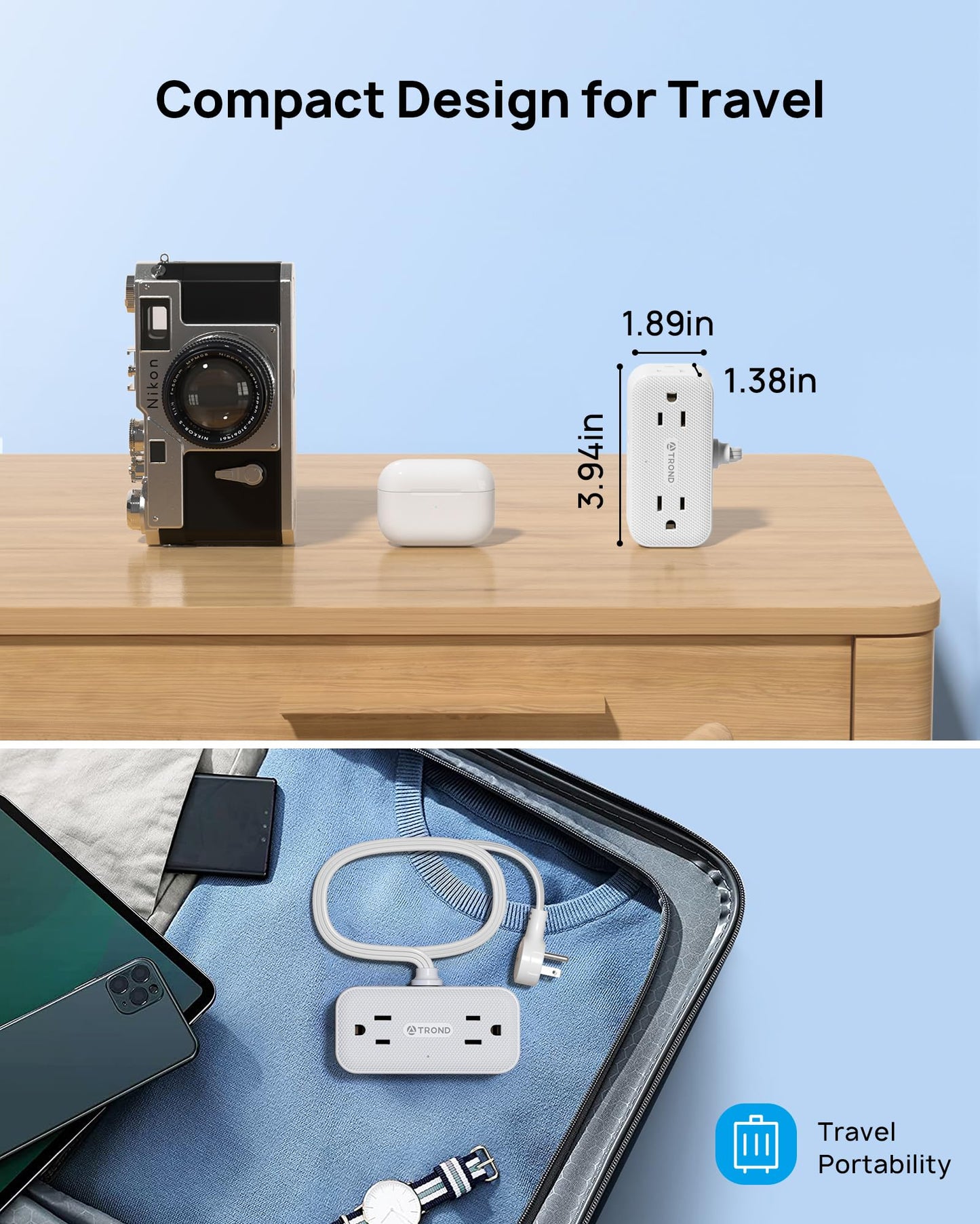TROND 360° Rotating Flat Plug Power Strip, 5FT Extension Cord with 4 USB Ports, 4 Wide Spaced AC Outlets, Wall Mount, 900J Surge Protector for Office Travel Dorm Room Essentials, White