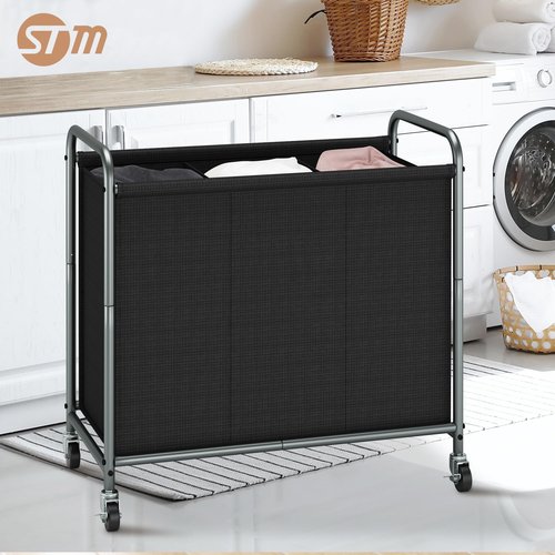 STORAGE MANIAC Rolling Laundry Hamper, 165L Laundry Basket with Lockable Wheels, Triple Clothes Sorter Cart, 3 Bag Clothes Separator Hamper for Closet, Bathroom, Laundrys Room, 3 Section Black