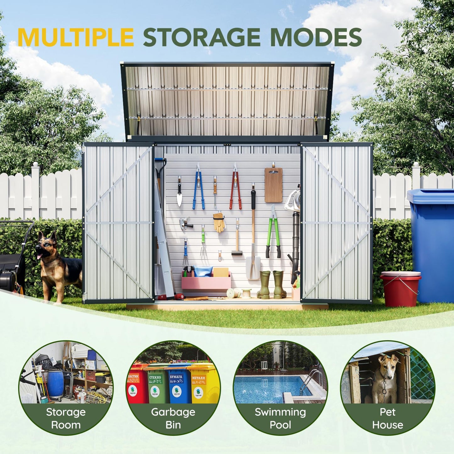 Grovellis Outdoor Trash Can Storage Shed 6x3 FT, Metal Garbage Bin Enclosure with Lift-Up Lid & Gas Strut, Lockable Double Doors, Sloped Roof Waterproof Steel Trash Can Cover for Backyard Patio Garden