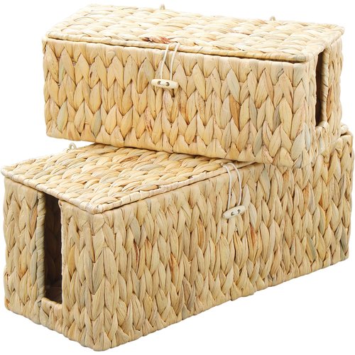 Coeusy Cable Management Box,Hand-Woven Water Hyacinth Decorative Cord Organizer,2 Side Open Slots Wicker Cable Box to Hide Cords and Power Strip,for Desk, Floor, Office,2 Pack