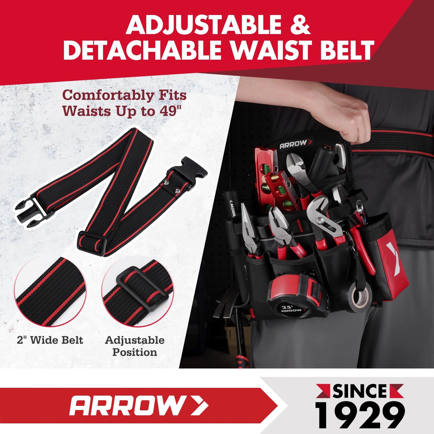 ARROW Tool Belt Heavy-Duty, Electrician Tool Pouch with 10 Pockets, 840D Oxford Fabric, Utility Belt with Hammer Holder, Adjustable Tool Belts for Men Women Electrician Carpenter, Construction