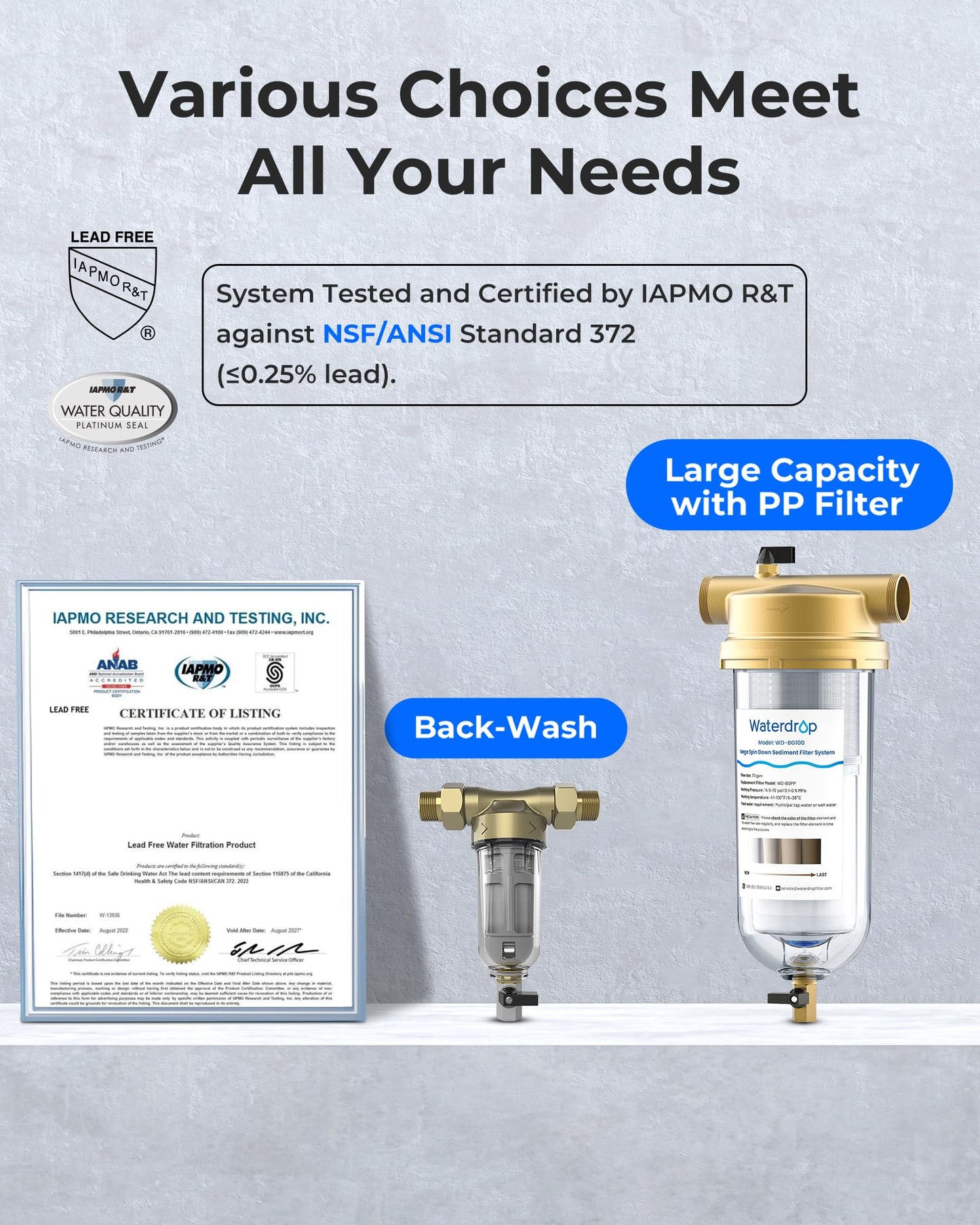 Waterdrop Spin Down Sediment Filter, Backwash Whole House Water Filter System for Well Water, 40-50 Micron, 1" MNPT + 3/4" FNPT + 3/4" MNPT, Traps Sand, BPA Free, WD-RPFK