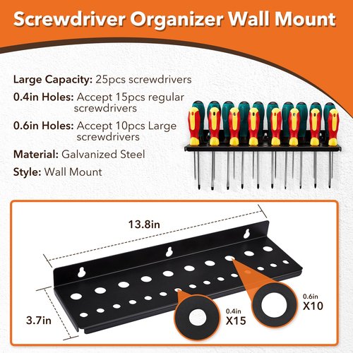 Pilida 4Pcs Wall Mount Tool Organizer Set,Include Screwdriver Organizer,9mm-24mm Wrench Holder,Pliers Holder,Hammer Rack,Galvanized Steel Hand Tool Storage for Workshop,Shed,Garage,Home