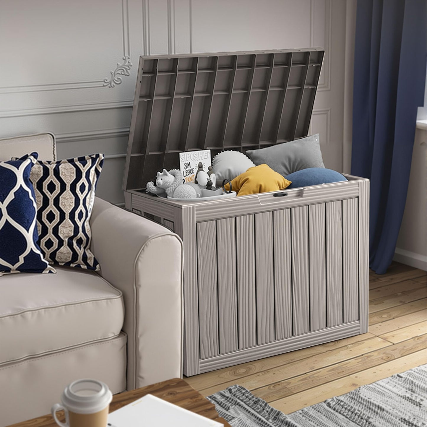 Trygoal 45 Outdoor Storage Box, Waterproof Resin Deck Box with Side Handles, Lockable Outdoor Bench for Indoor & Outdoor Use, Storage Bin for Patio Cushions, Garden Tools, Package Delivery, Grey