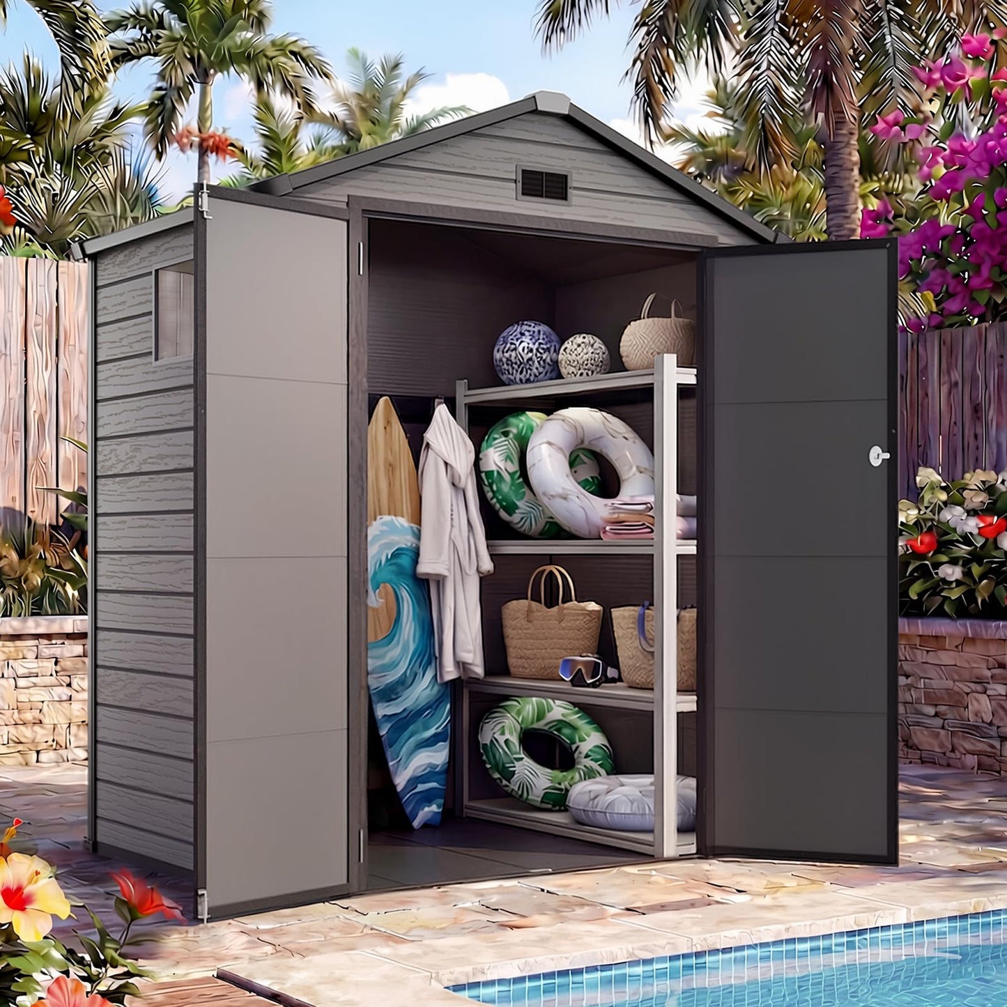 Quictent 6x4 FT Storage Shed with Floor, Plastic Storage Shed with Lockable Door, Window & Vents, Outdoor Resin Shed to Store Patio Furniture, Garden Tools Bike, Lawn Mower, Dark Gray（5.3X3.5FT Base）