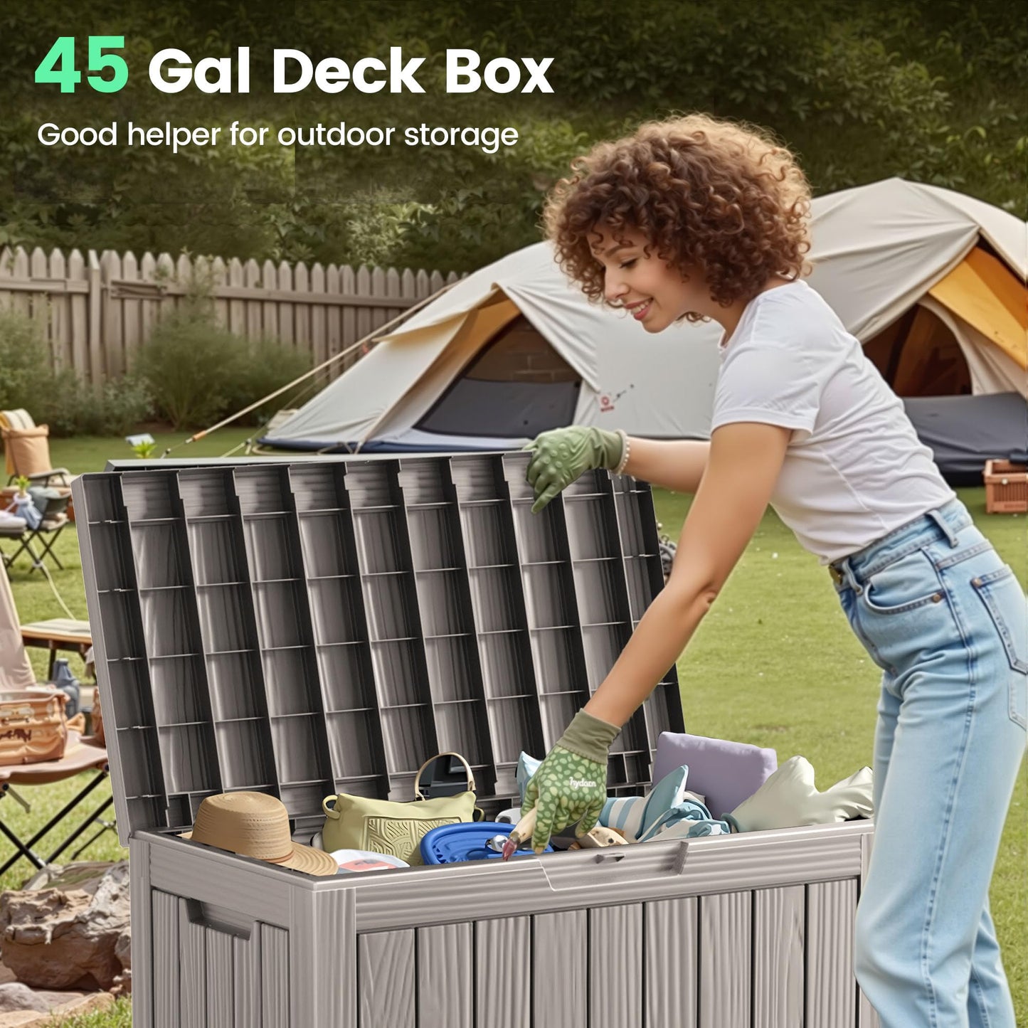Trygoal 45 Outdoor Storage Box, Waterproof Resin Deck Box with Side Handles, Lockable Outdoor Bench for Indoor & Outdoor Use, Storage Bin for Patio Cushions, Garden Tools, Package Delivery, Grey