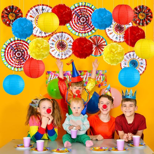 Outus 21 Pcs Carnival Party Decorations with Circus Hanging Paper Lanterns Fans Red Yellow Blue Paper Pom Poms Tissue Flowers for Carnival Circus Birthday Baby Shower Party Favors Supplies