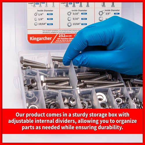 Kingarcher 252 Pcs Hex Head Nuts and Bolts Set – 1/4”-20, 5/16”-18, 3/8”-16, 304 Stainless Steel Assortment Kit with Washers and Storage Case