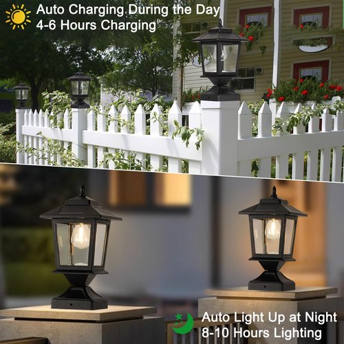 Solar Post Cap Lights,Waterproof Outdoor Light for 4x4 Wooden Posts, Solar Lights with Glass Shade for Deck Fence Patio Post Decor,Matte Black (2 Pack)