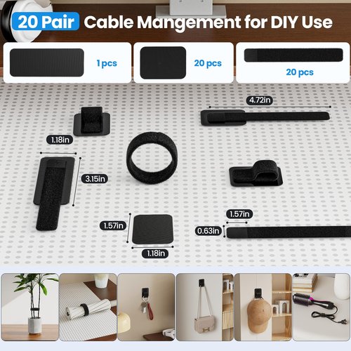 Cable Management Under Desk, 【Up to 15 Cord】【Enhanced Wire Holder】 Cord Organizer, Adjustable Hook and Loop Cable Ties, Reusable Cord Holder, Cable Clips Under Table Cable Hider, 20 Pair