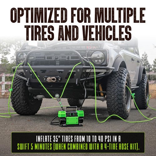 MORRFlate TenSix PSI Pro 10.6 CFM 12V Portable Dual Cylinder Offroad Air Compressor | PSI Pro Technology Set Your PSI and Walk Away | 4FT Stainless Steel Hose | Includes Carry Bag and Gloves