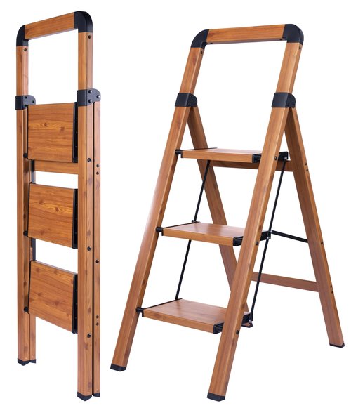 Step Ladder Woodgrain Finish Aluminum Folding Step Stool 3 Step Stairs,Anti-Slip Portable Sturdy for Home & Kitchen Office 330 lbs