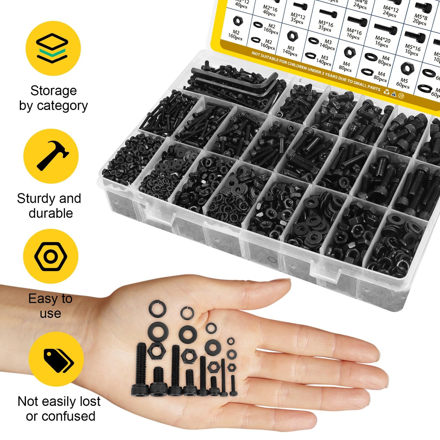 Fgruh 1760PCS Metric Screw Assortment Kit,M2 M3 M4 M5 Screws Set, Hex Socket Head Cap Bolts Nuts and Washers Kit for 3D Printing DIY, Grade 12.9 Alloy Steel, Black Zinc Plated