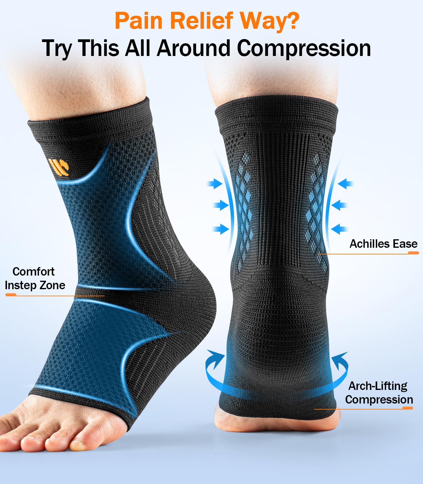 WHCOOL Low-Profile Ankle Braces for Women & Men, Customizable Ankle Compression Sleeve w/Wide Strap, Foot Support Wrap for Plantar Fasciitis Pain Relief, Achilles Tendonitis, Sprain, Black, 1 Pair, XL