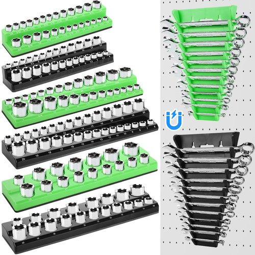 Blulu 8 Pack Magnetic Socket Organizer Set 1/4", 3/8", 1/2" Socket Holder, Magnetic Wrench Organizer 24-slot Drawer Storage Rack Tool Tray SAE (1/4" to 1-1/16"), Metric (6mm to 24mm), Green Black