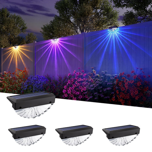 JACKYLED Solar Fence Lights RGB LED Accent Lighting with 180° Fan-Shaped Pattern, 11 Light Beams, 20H Runtime, 8 Lighting Modes, Outdoor Waterproof Railing Light for Yard, Patio, Porch, Garden, 4 Pack