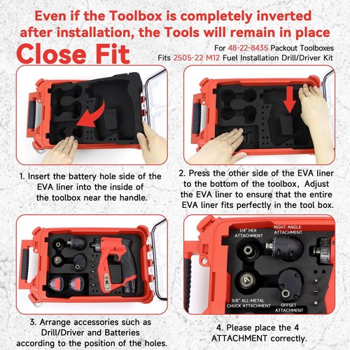 Terixe EVA Liner for Milwaukee 48-22-8435 Packout Tool Box - Precision-Cut Foam Insert Organizer for 2505-22 M12 Fuel Installation Drill/Driver Kit & Accessories (Black)