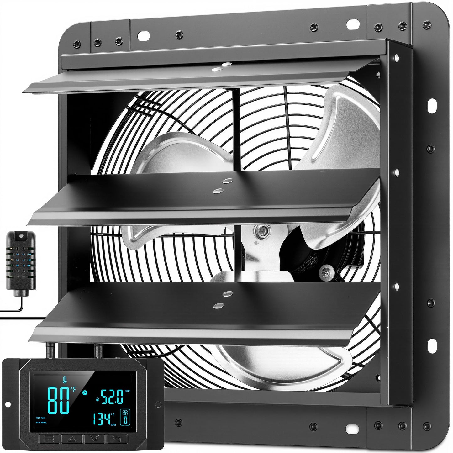 Masgole 12" Shutter Exhaust Fan with Thermostat, DC Motor, Attic Fan with Humidity Sensor, Low Noise, Wall Mount Ventilation and Cooling for Sheds, Attics, Workshops, Black