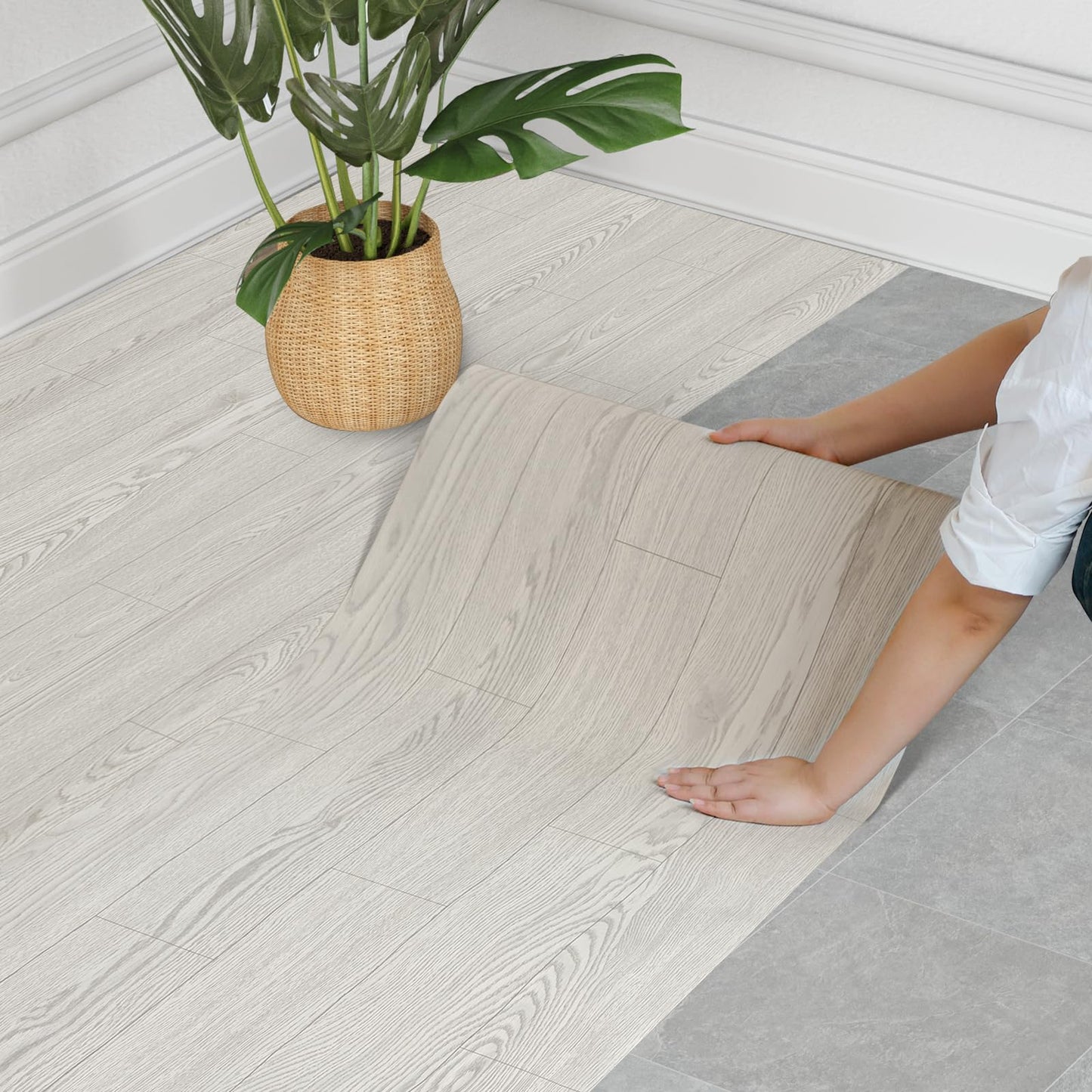 WIFEA Self Adhesive Vinyl Flooring Roll 23.6"x 118"/19 Sq.Ft Wood Grain Peel Stick Floor Tiles, Wear-Resistant and Waterproof Vinyl Plank Flooring for Bedroom Living Room Office Balcony RV White Grey