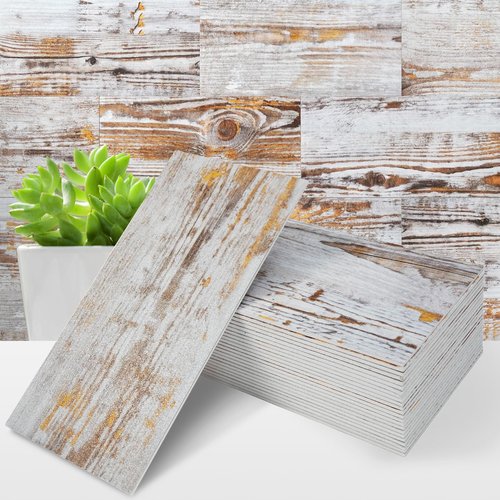STICKGOO 50-Piece Subway Tile Peel and Stick Backsplash, 4"x 8" Thickened PVC Stick on Tiles for Kitchen, Bathroom, Camper, Fireplace（Yellow Distressed Wood Grain）