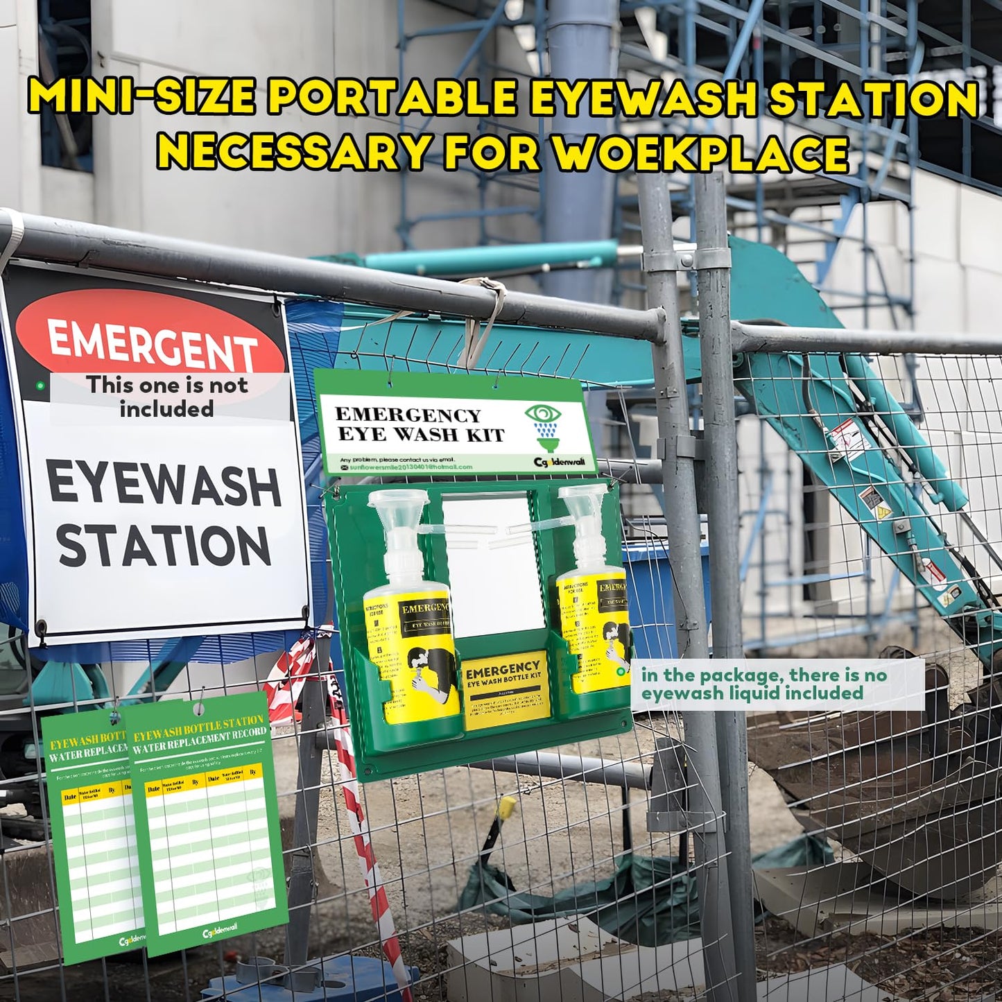 CGOLDENWALL Upgraded Portable Eye Wash Station OSHA Approved Emergency Eye Wash Kit, Sturdier Bottle Holder Larger Mirror, 2 * 16.9oz Empty Eyewash Bottles, NO Solution (White Cap)