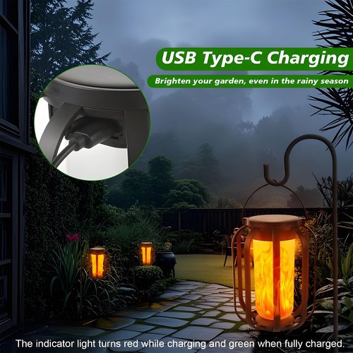 Solar Flame Camping Lantern, Solar Lantern Outdoor Lights with Base, Automatic Light Sensor, USB-C Charging, Waterproof Hanging Lanterns for Garden Yard Patio Backyard Porch Decor (2 PCS)