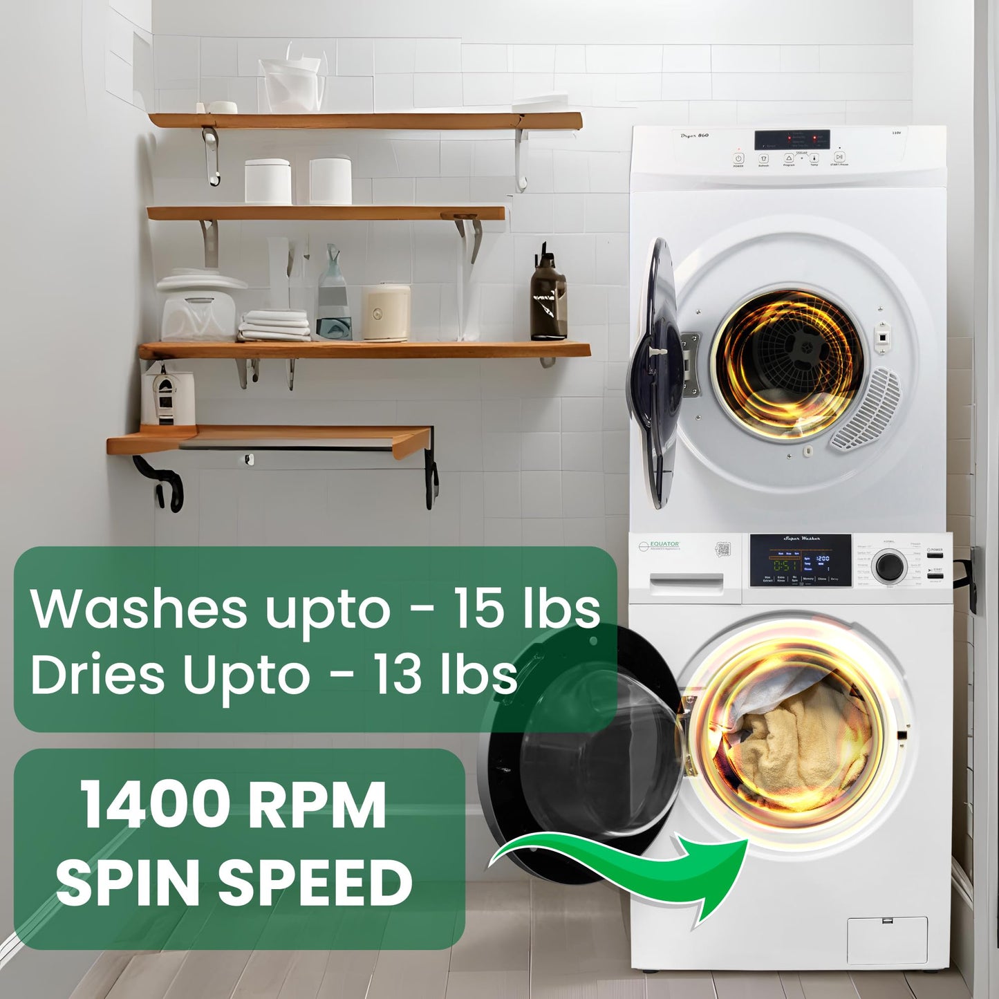 Equator Digital Pet 15lbs Compact 110V Set SaniWasher+Dryer Vented 3.5cf Sensor, White (EW 826 + ED 860)