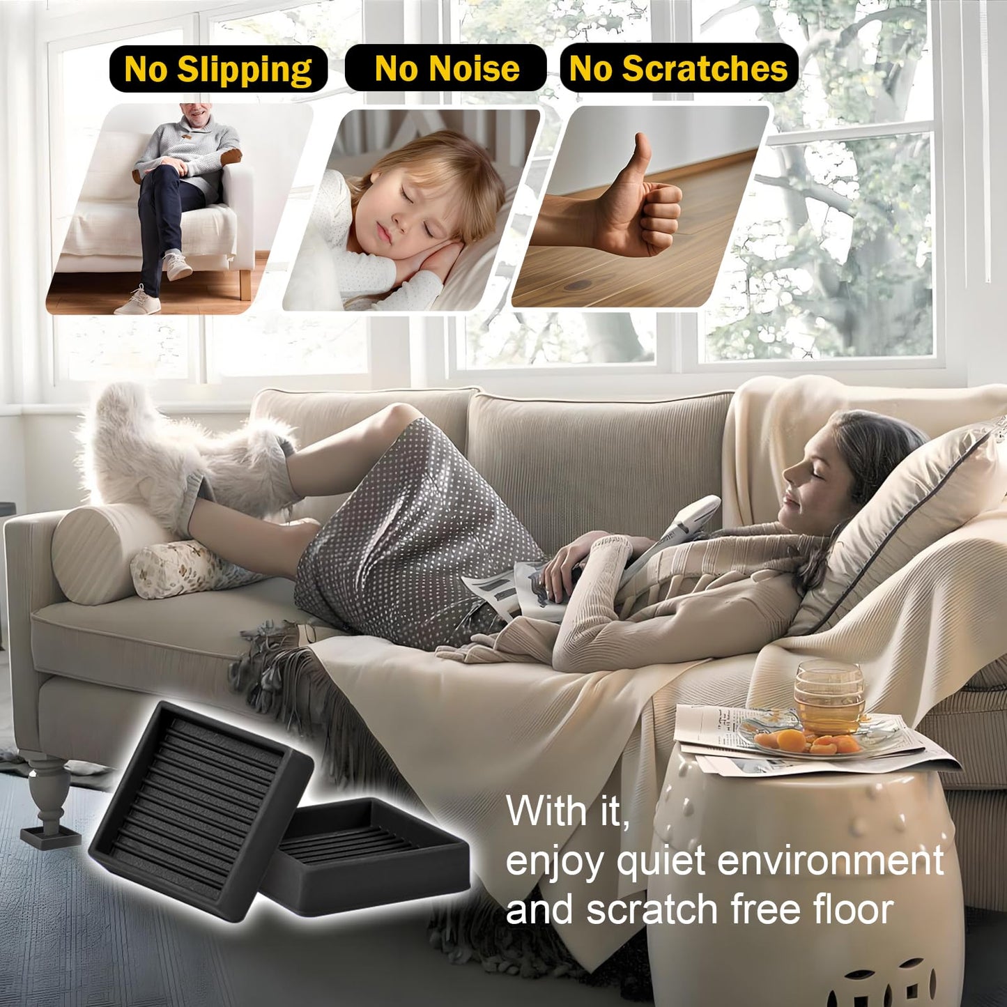 xxxHOLIC Non Slip Furniture Pads for Hardwood Floors, 2 * 2 Inch Black, Set of 4, Rubber Bed Stoppers to Prevent Sliding, Furniture Coasters for Protecting Floors from Scratches and Reduce Noise