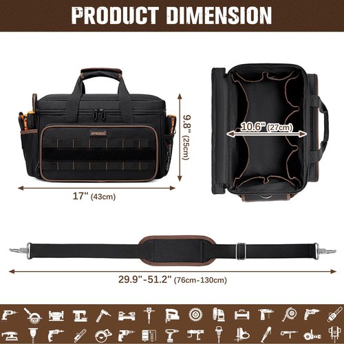 17 Inch Heavy Duty Tool Bags for Men Women, 20 Pockets Portable Tool Bag with Adjustable Shoulder Strap, Wide Mouth Tool Bag Organizer for Electricians Mechanics Carpenters HVAC