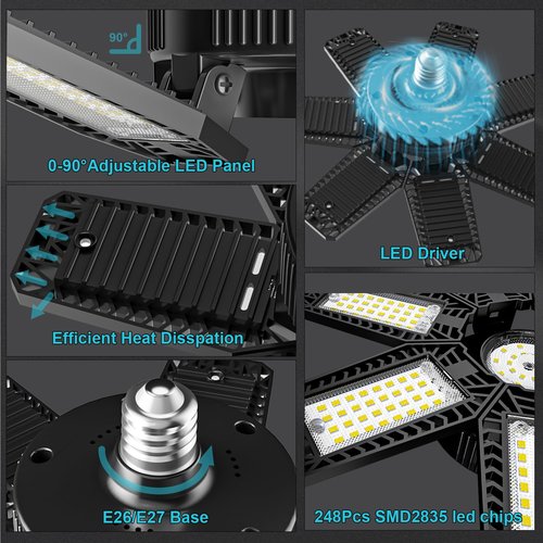 CHENGCHILIT LED Garage Light 2 Pack - 200W 20000LM 6500K LED Garage Ceiling Lights with 7+1 Adjustable Panels, Shop Lights Screw in E26 E27 Bulb Socket for Workshop, Storage Room, Basement, Warehouse